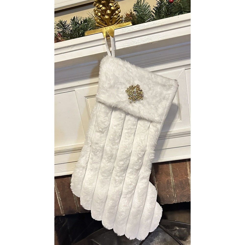 White Faux Fur Christmas Stocking With Aurora Borealis AB Rhinestone Brooch